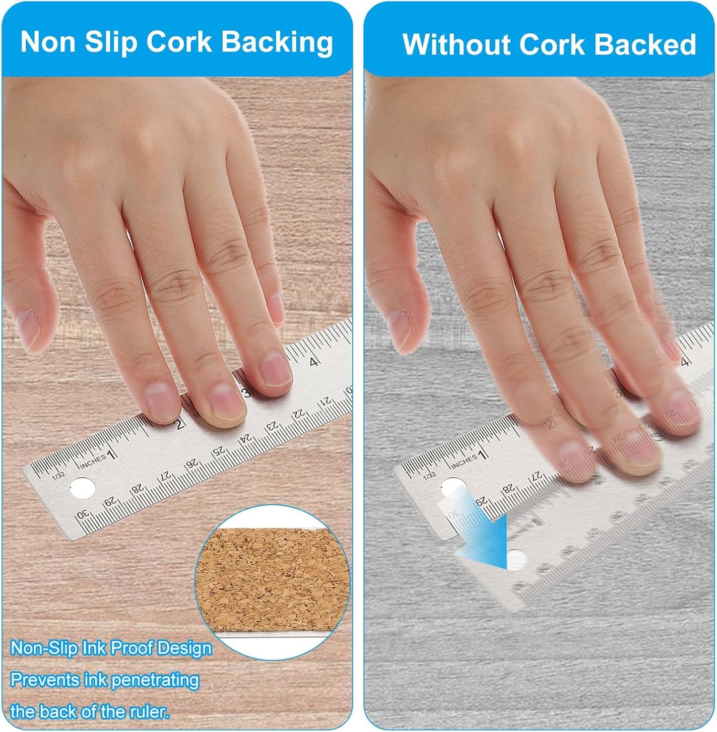 PATIKIL 12, 14 Inch Stainless Steel Straight Edge Ruler, 2 Pcs Cork Backing Non-Slip Metal Ruler with Inches Centimeter Metric Measuring Tools for Office