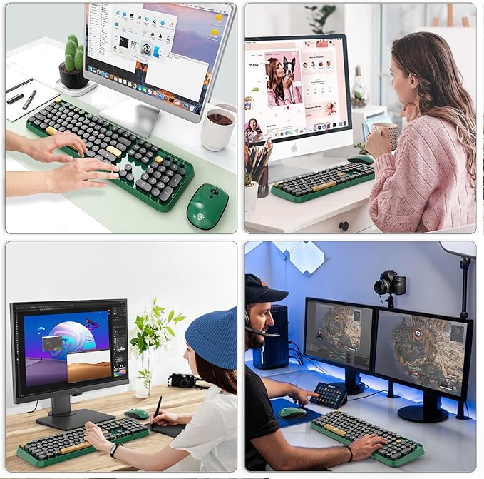 Wireless Keyboard and Mouse Combo, 104 Round Keys Cute Colorful Keyboard and Mouse with Retro Typewriter for PC/Mac/Laptop/Tablet/Computer/Windows Green