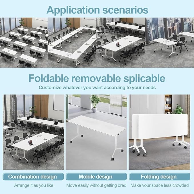 Conference Table, Folding Conference Desk Modern White, Seminar Table with Wheels, 2-10 People for Office, Meeting Break Room (4, 1915, 71IN)