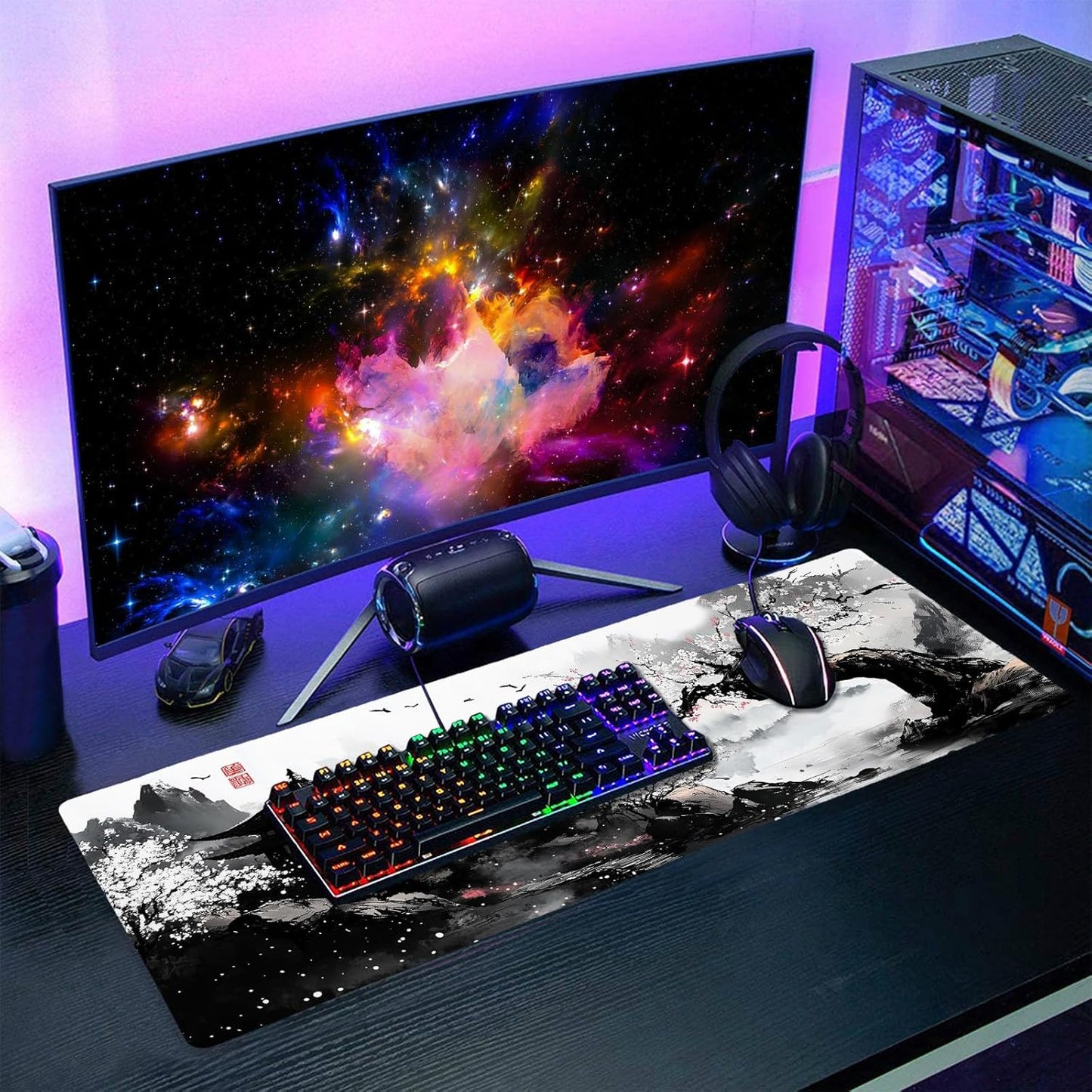 Black Whtie Japanese Gaming Mouse Pad XL Anime Sakura Cherry Blossom Tree Extended Large Mat Mousepad Desk Pad Non-Slip Rubber Base Stitched Edge Long Keyboard Pad for Computer,31.5×11.8 Inch