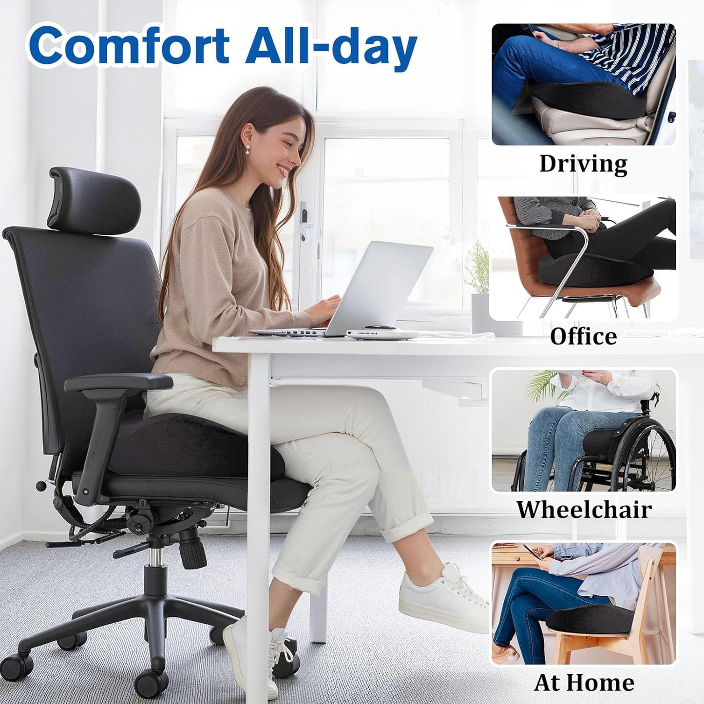 Seat Cushion, Gel Chair Cushions, Office Chair Cushions, Anti-Slip Bottom & Removable Cover Tailbone Pain Relief Cushion, Memory Foam Seat Cushion for Office, Wheelchair, Car (Black)