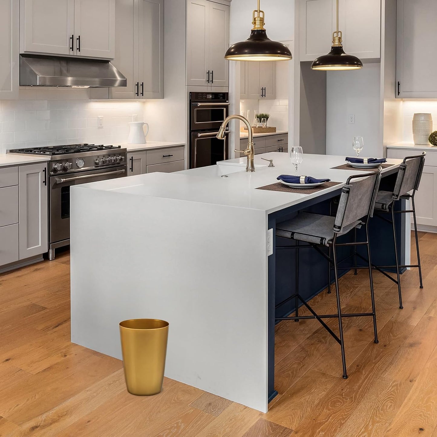 HOLDN’ STORAGE Small Trash Can - Set of 2 Open Top Waste Bin of 1.58 Gallon, Compact Waste Can Perfect for Bathroom, Kitchen, Office, Dorm - Durable Garbage Can - Soft Brass