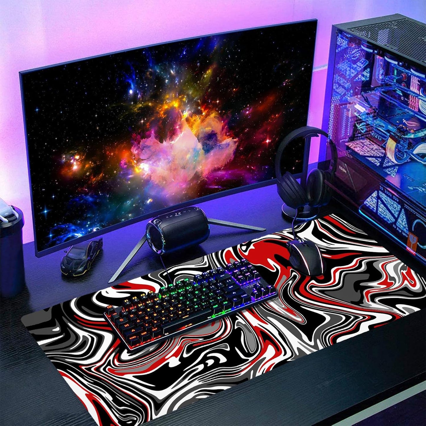 Black Red Swirl Gaming Mouse Pad XXL Gray Marble Grey Fluid Design Extended Large Mat Mousepad Desk Pad Non-Slip Rubber Base Stitched Edge Keyboard Pad Playmat for Computer,35.4×15.7 Inch