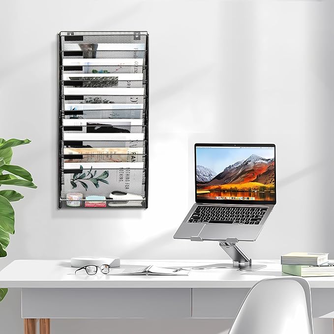EasyPAG 11 Tier Wall File Holder with Flat Tray, Black | Easy Assemble Mesh Desk File Organizer | 10-Folder Paper Storage | Replaceable Classify Labels | Space Saving Mail Organizer for Office Home