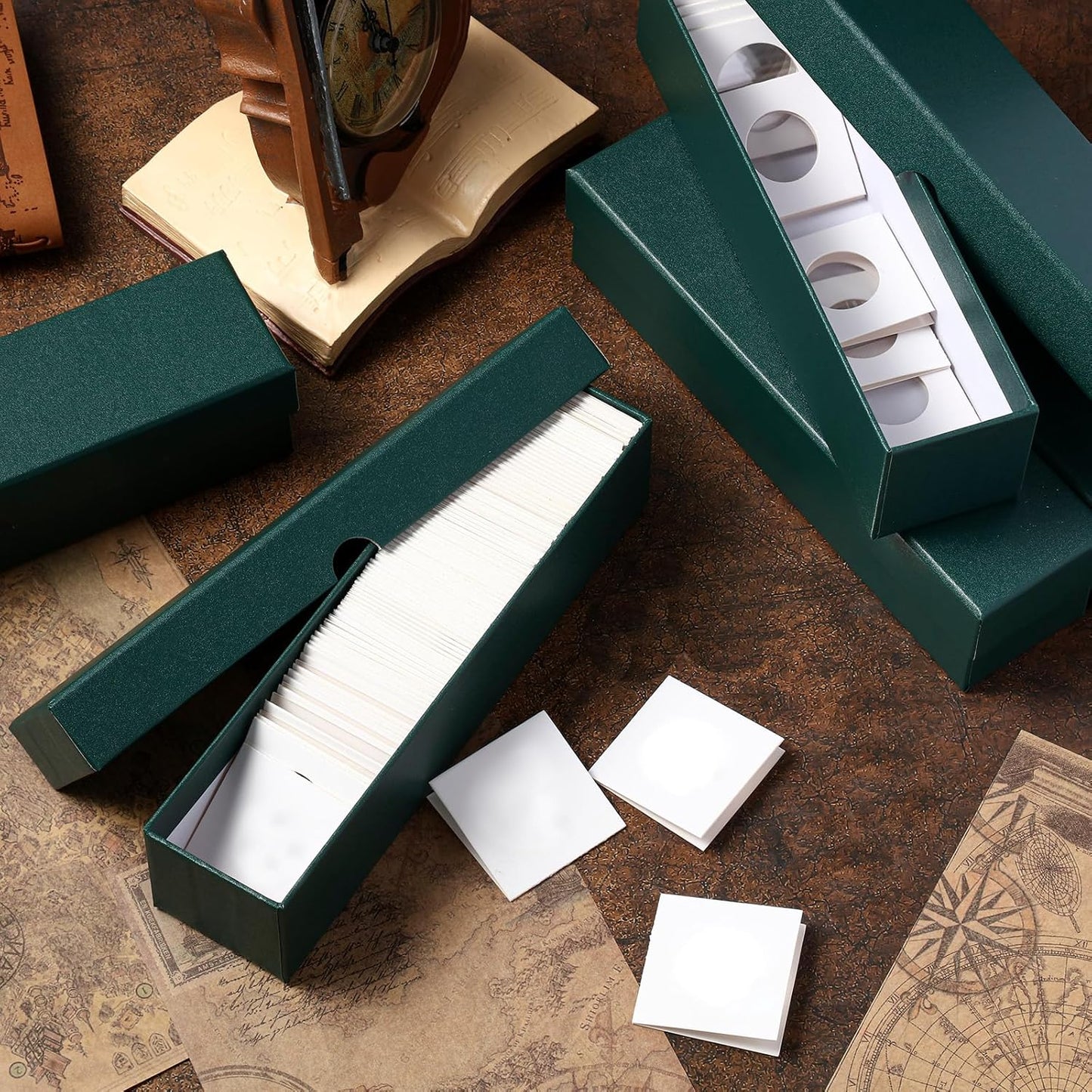 Teling 8 Pcs Coin Storage Box 2x2inch Flip Holders Collectors Coin Supplies Holders for Cents Collection Cardboard (Dark Green)