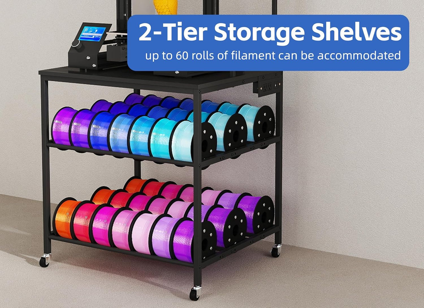 3D Printer Stand with 60pcs Filament Storage,3 Tier 3D Printer Table with Wheels, Heavy 3D Printer Stand with Storage for Studio, Home Office, Workshop