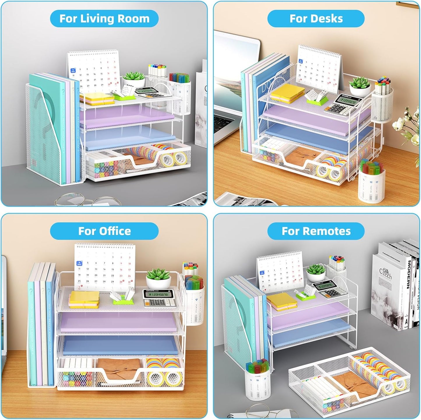 Marbrasse Desk Organizer and Accessories,4-Tier Paper Letter Tray Organizer with File Holder, Desk Accessories & Workspace Desk Organizers with Drawer and 2 Pen Holder (White, 15.4" x 9.1" x 8.3")