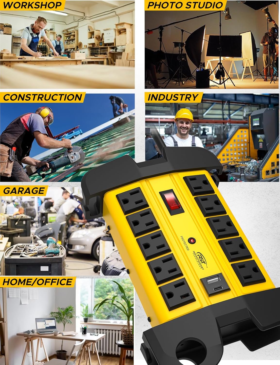 CRST Heavy Duty Power Strip with USB-C,10-Outlet Metal Surge Protector Power Strip with 6FT Cord(2800J),15A Circuit Breaker, Wall Mount, Cord Management, ETL Listed