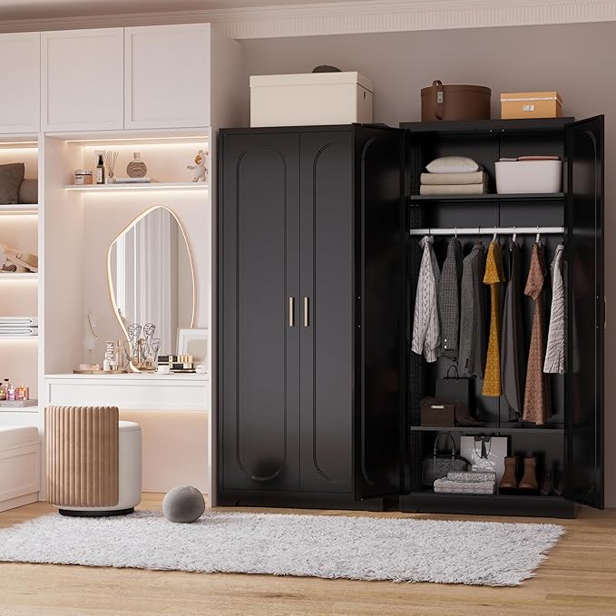 Metal Armoire Wardrobe Closet with Hanging Rod, 71" Tall Wardrobe Cabinet for Clothes, Black Clothing Storage Cabinet with Doors and Shelves, Large Wardrobes for Bedroom-Assemble Required