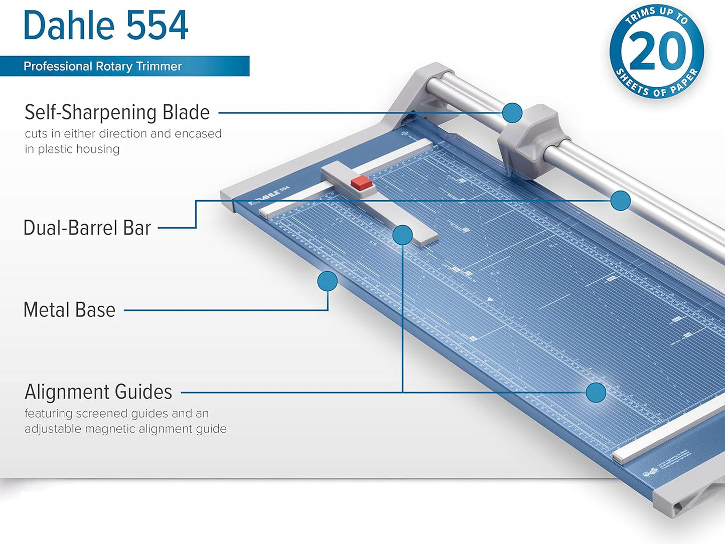 Dahle 554 Professional Rotary Trimmer, 28" Cut Length, 20 Sheet Capacity, Self-Sharpening, Dual Guide Bar, Automatic Clamp, German Engineered Paper Cutter