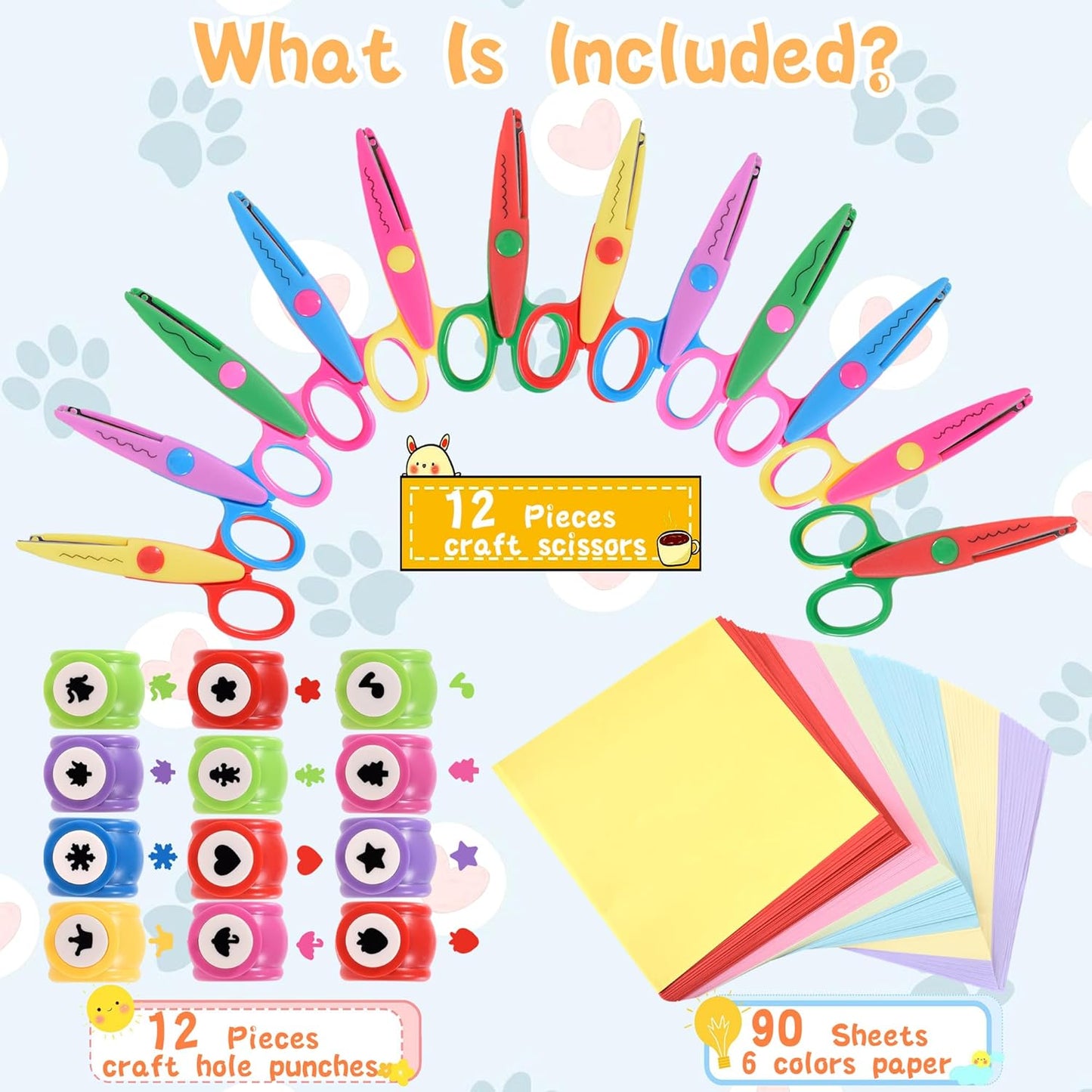 12 PCS Craft Scissors Decorative Edge, 12 PCS Small Hole Punch Shapes, 90 Sheets Colorful Origami, Kids Adults Craft Kit for DIY Crafts, Scrapbooking, Card Making, School Supplies