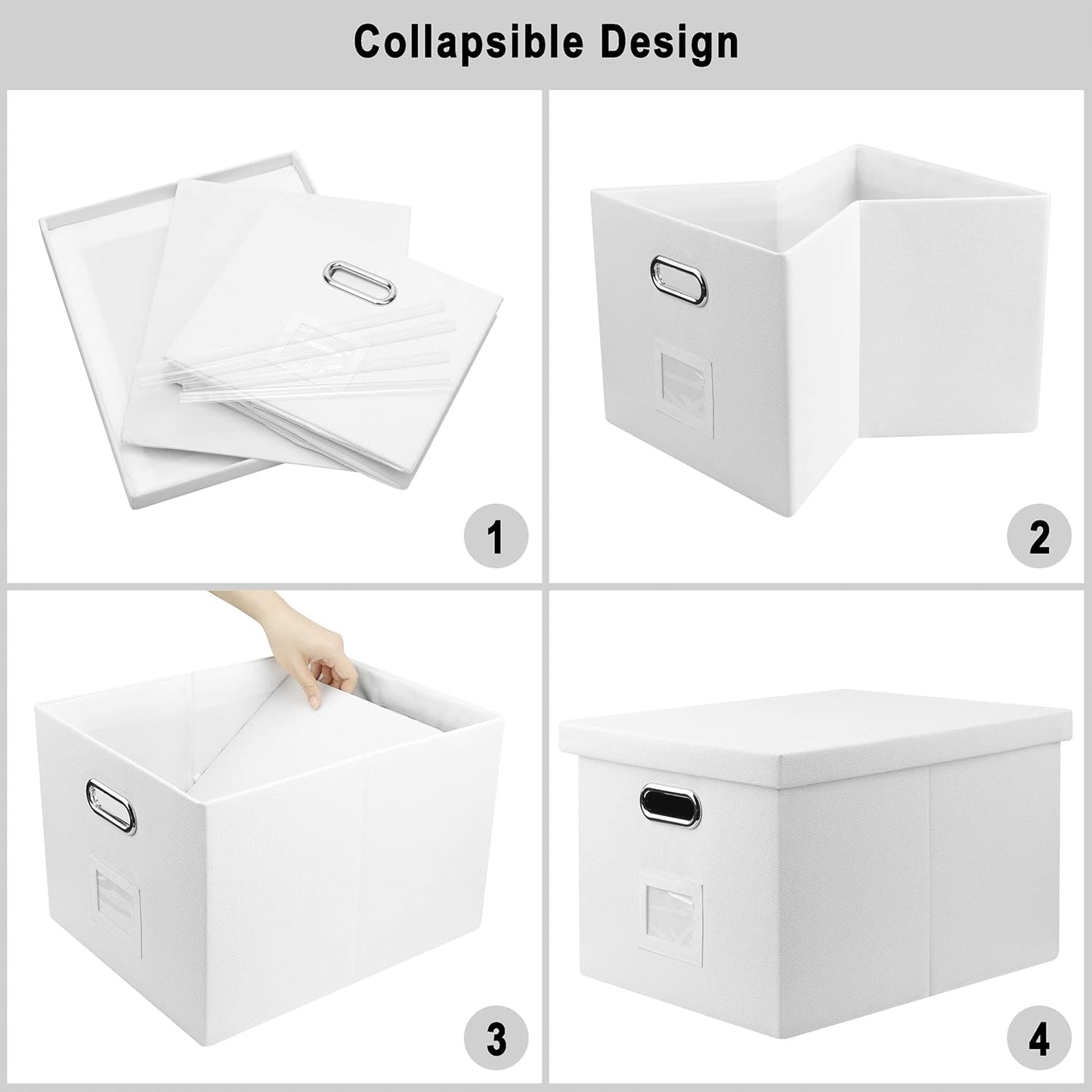File Organizer Box, Collapsible Storage Filling Box with Lid for Letter Legal Size Hanging Folders Decorative Linen File Folder Box Document Storage Filing Bin, White 2 Pack