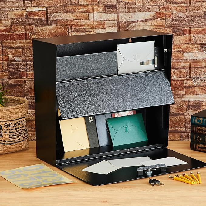 Extra Large Wall Mount Mailboxes for Outside 18 x 16.5 x 7 Inches Locking Security Mail Box Galvanized Steel Wall Mailbox Large Capacity Post Box with Key Lock and Reflective Stickers(Black)