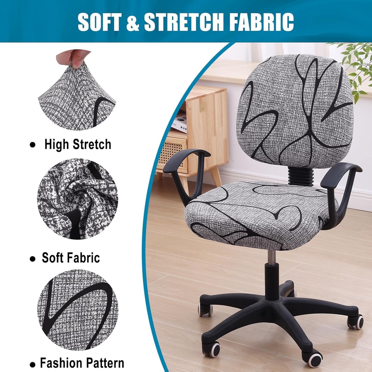 Smiry Stretch Printed Office Computer Chair Covers, Universal Washable Removable Desk Rotating Chair Slipcovers Protector, Seat + Backrest Cover - Grey and Black