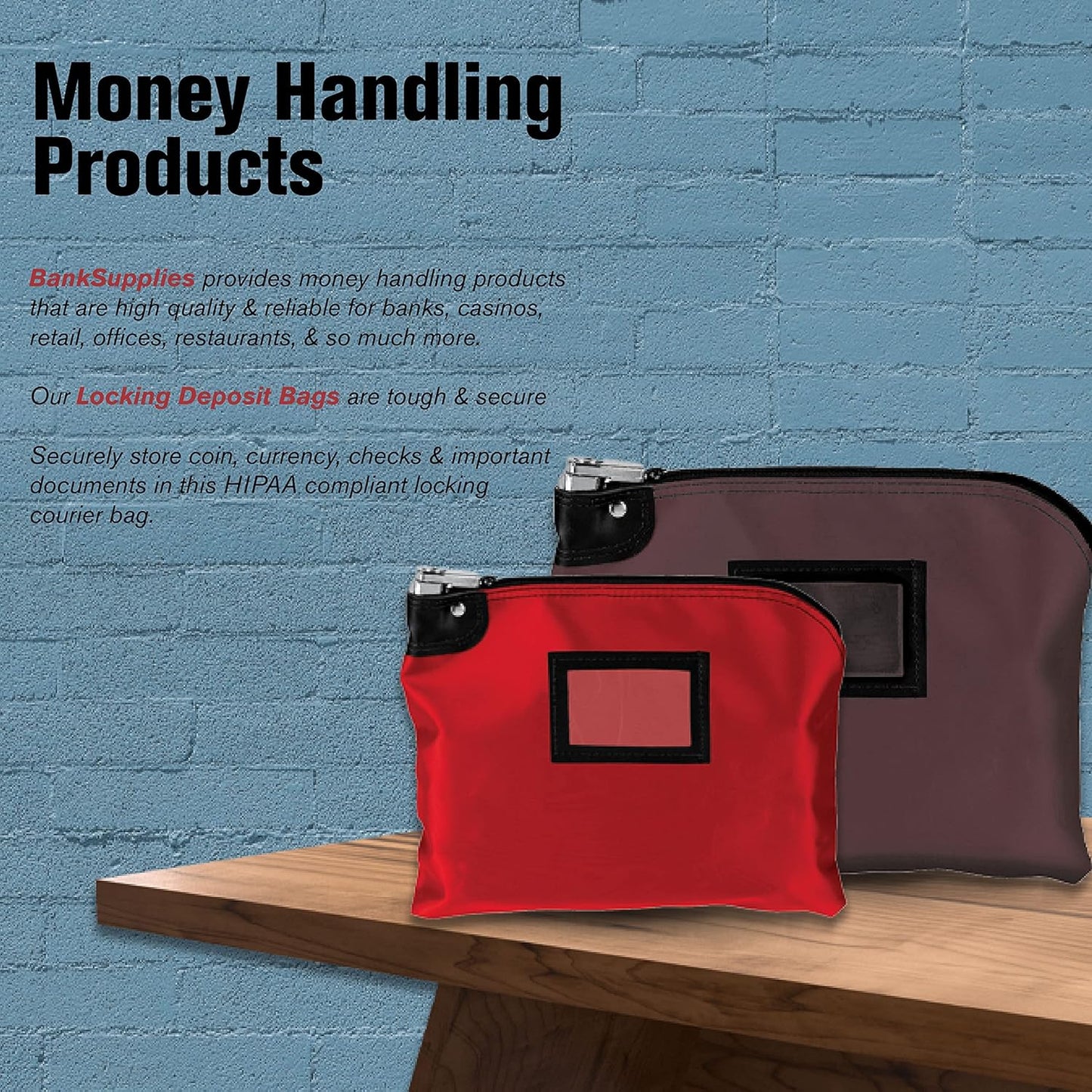 BankSupplies Laminated Nylon Locking Deposit Bag | Red | 15W x 11H | 2 Keys Included for Each Bag | HIPAA | Puncture Resistant Laminated Nylon | Double Stitched Seams