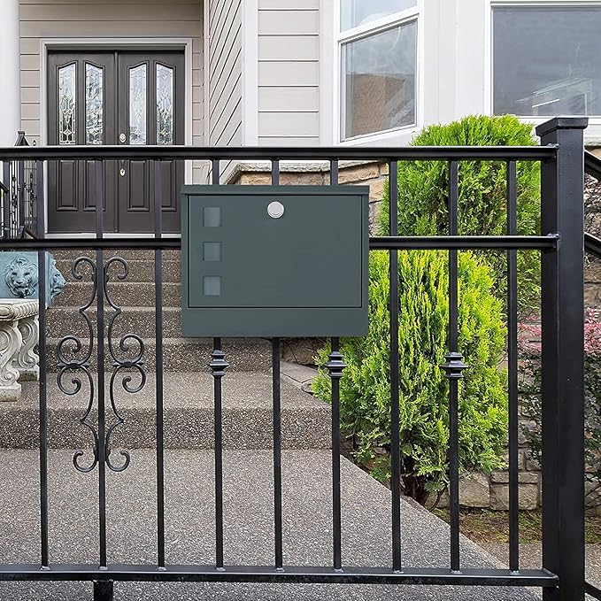 LAND·VOI Locking Mailbox Wall Mounted, Metal Postbox with Three Sets of Mail Box Number Stickers, 4 Keys, 14.4" x 4.5" x 11.2", Large Capacity, Anthracite Gray AMB11G