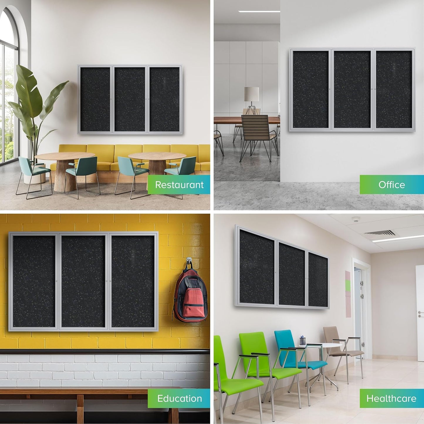 Ghent 36"x72" 3-Door indoor Enclosed Recycled Rubber Bulletin Board, Shatter Resistant, with Lock, Satin Aluminum Frame, Confetti (PA33672TR-CF) ,Made in the USA