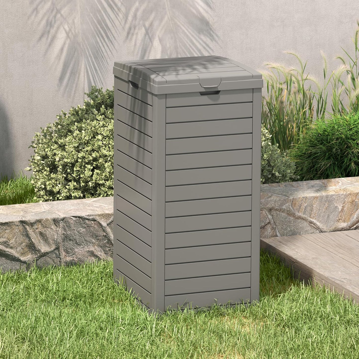 Outdoor Trash Can, 31 Gallon Garbage Can with Tiered Lid and Drip Tray, Waterproof Resin Patio Waste Bin for Garden, Backyard, Deck