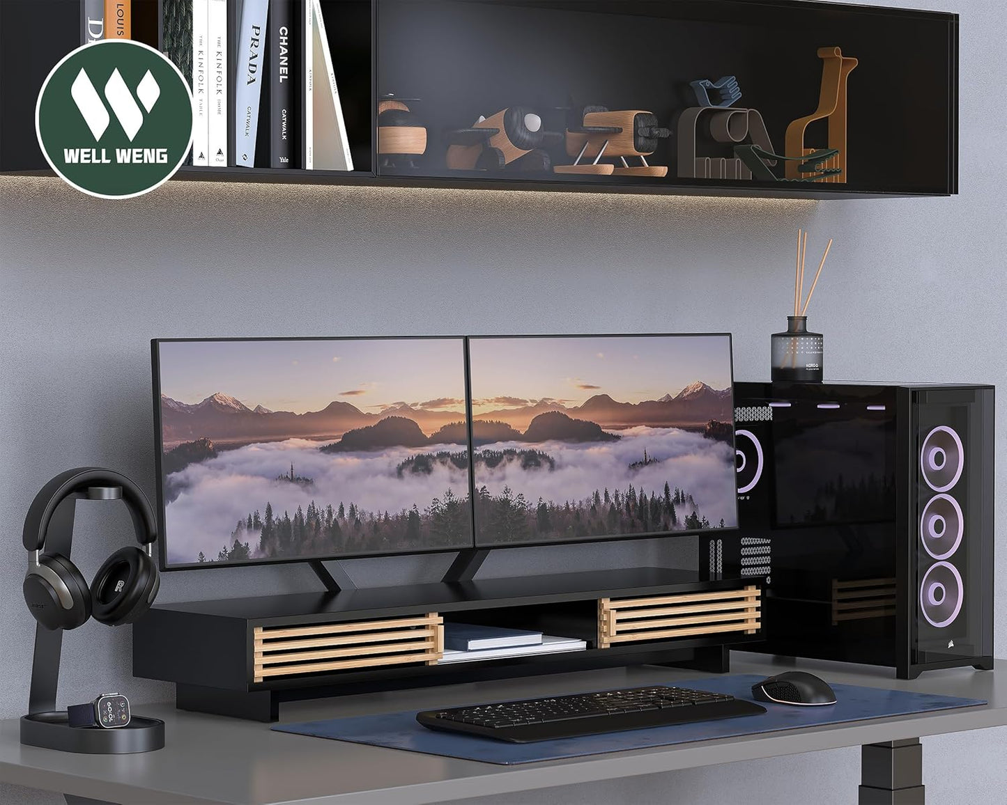 Dual Monitor Stand Riser with Sliding Door, Double Computer Laptop Stand Desk Shelf Organizer with Storage (Black + Natural Bamboo, 38 Inch)