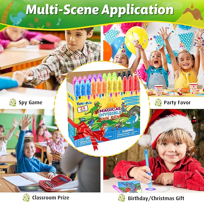 Invisible Ink Pens with UV light for Kids, Spy Pen Dinosaur Party Favors for Kids 8-12, 24Pack Invisible Ink Pen and Notebook, Magic Marker for Secret Message Birthday Party Favors for Kid 4-8