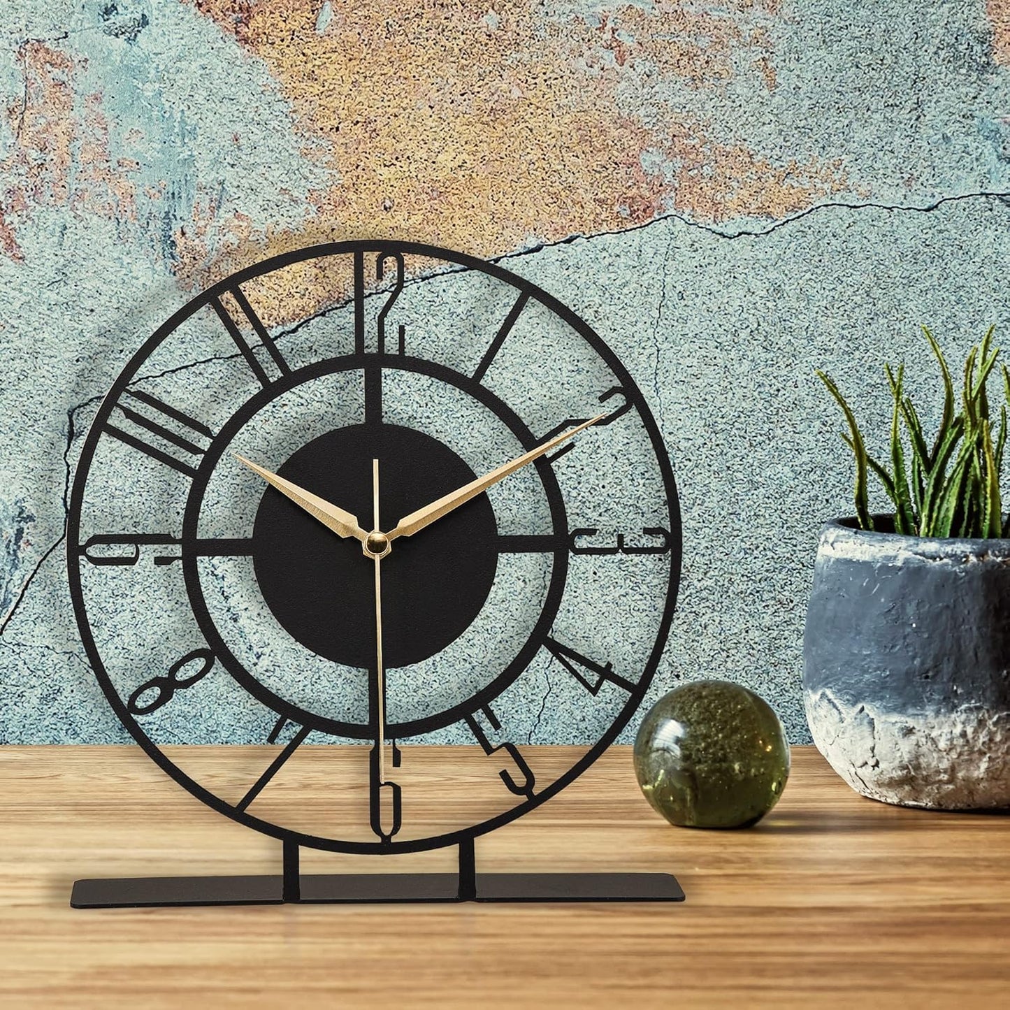 Metal Table Clock | 8.9 x 9.5 inch Size Round Silent Running Metal Black Clocks | Living Room and Bedside Suitable Table Decorations for Home and Office