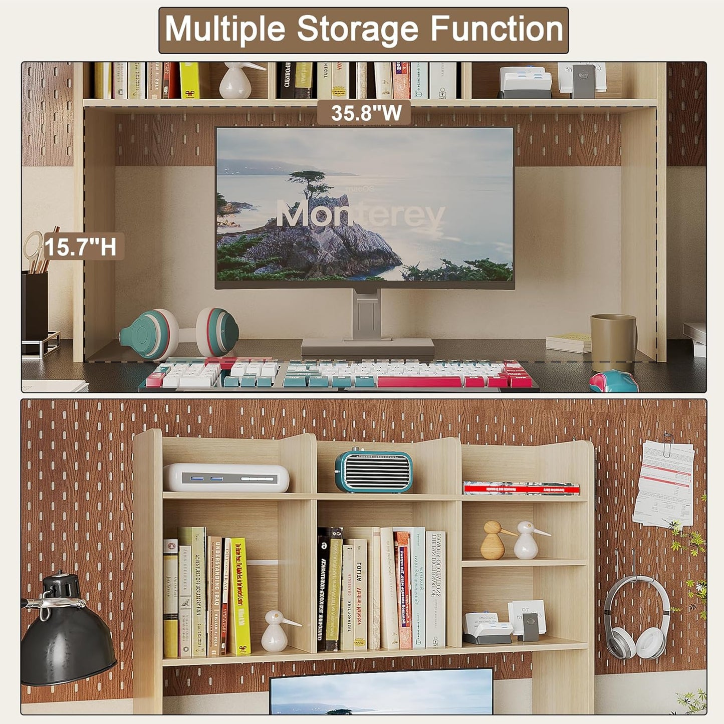 ChooChoo Desktop Bookshelf, Wood Desk Hutch Organizer with 7 Shelves for Computer Desk, Desktop Shelf Bookshelf Storage for College Dorm Office Home, Natural