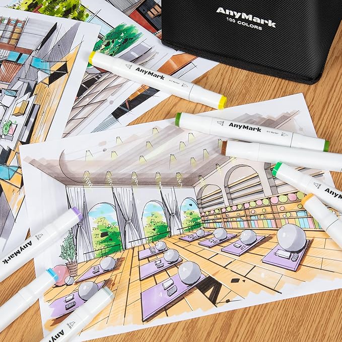 AnyMark Alcohol Markers, 100 Colors Dual Tip Art Coloring Markers Set for Kids Adult Book Drawing Sketching Painting, Chisel & Fine, White Penholder