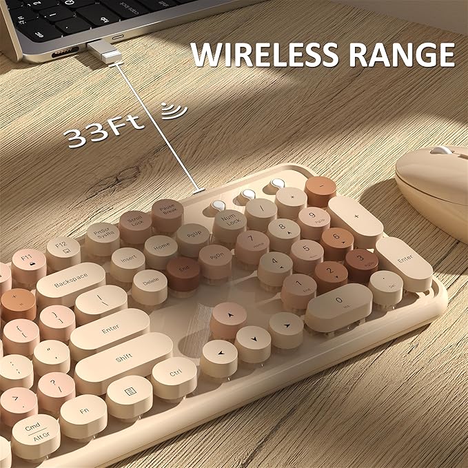Wireless Keyboard and Mouse, Full-Size Retro Typewriter Keyboard with Round Keycaps, 2.4GHz for Windows, Mac, Laptop, PC, Desktop (Milky Tea Colorful)