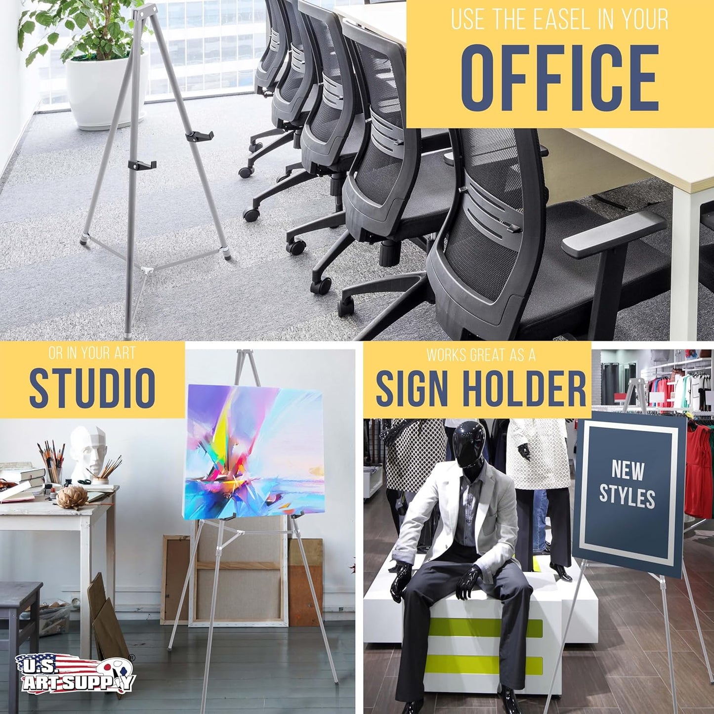 U.S. Art Supply 66" High Gallery Silver Metal Display Easel (10 Pack) - Large Adjustable Height Portable Easel Stand, Sign Display, Holds 25 lbs - Floor & Tabletop Easels, Painting Stand