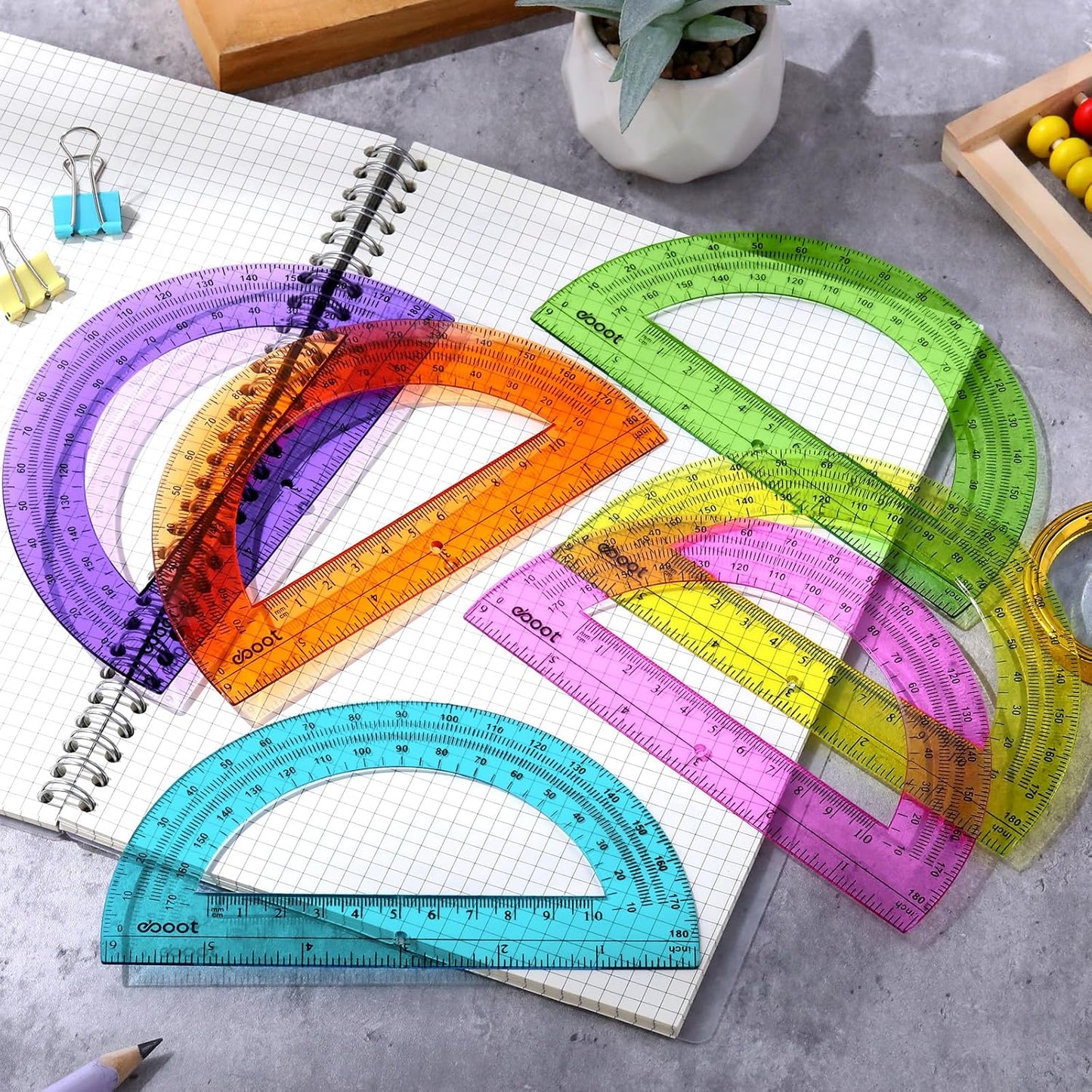 EBOOT 24 Pack Plastic Protractors Math Protractor 180 Degrees 6 Inch (Multi Colors)