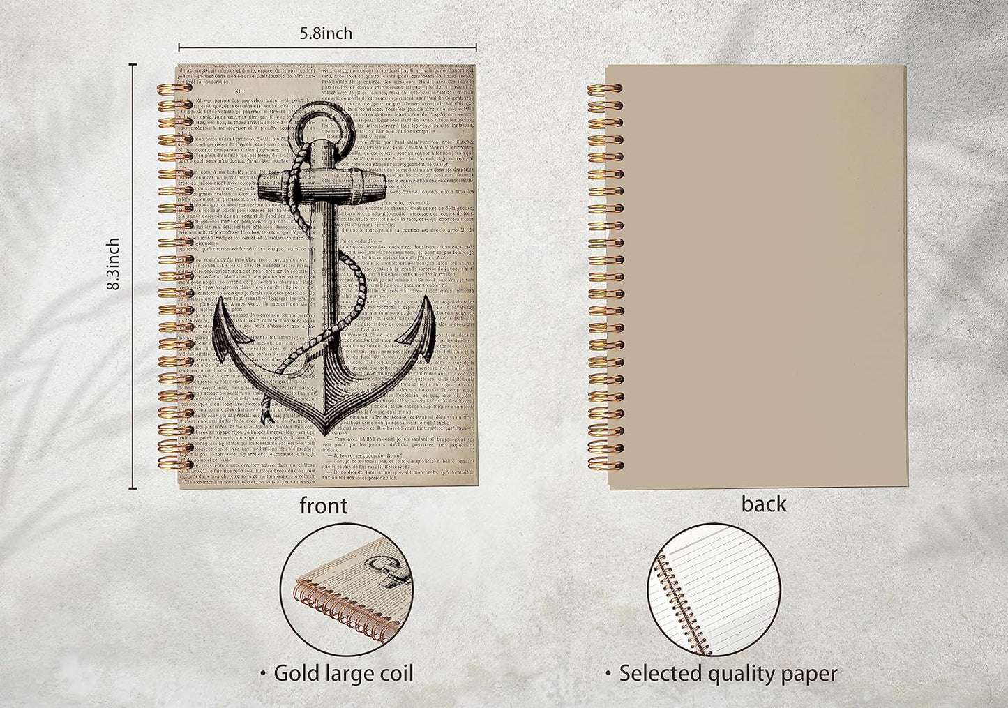 Vintage Nautical Anchor with Rope Dictionary Art Lined Spiral Journal Notebook 8.3×5.5 Inches Hardcover College Ruled Notebook Journal for Work Note Taking Journaling,Gifts for Ocean Lovers
