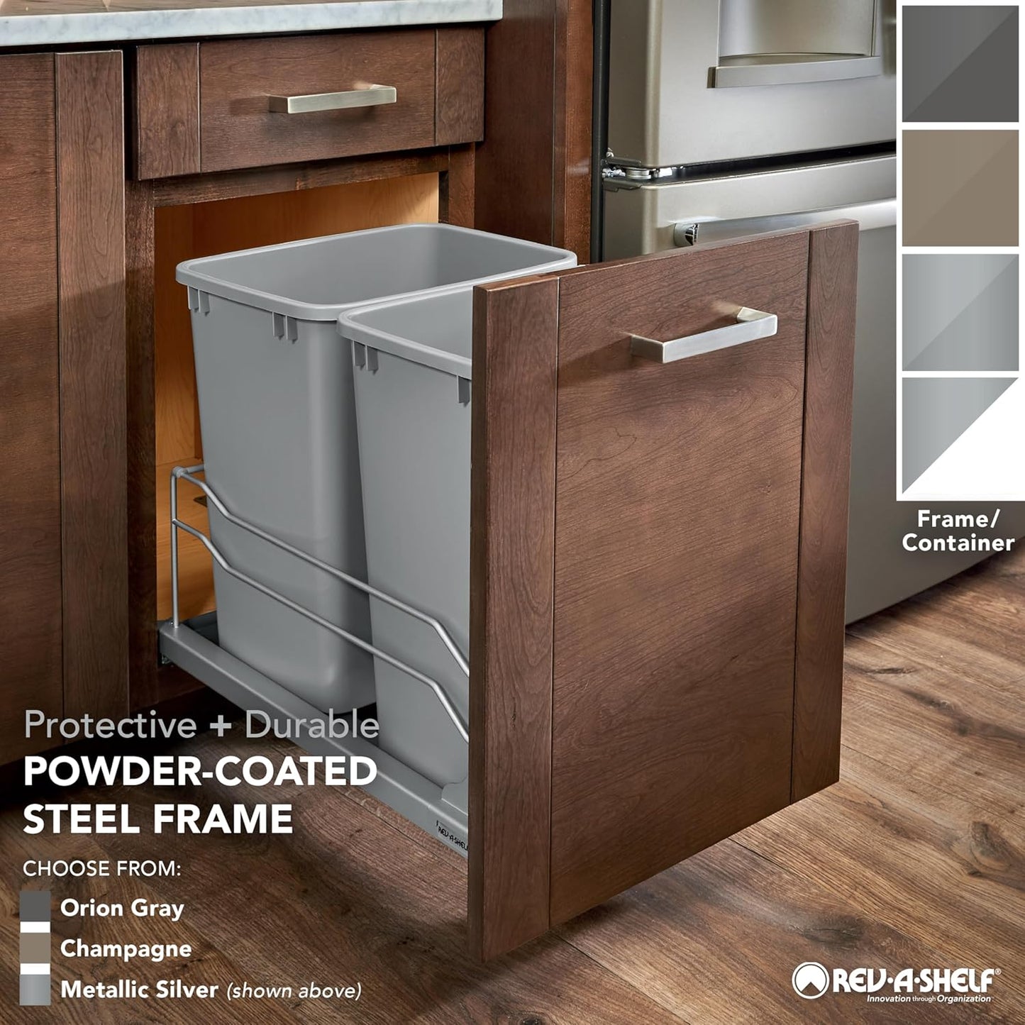 Rev-A-Shelf Double Pull-Out Trash Can for Under Kitchen Cabinets 27 Quart 12.5 Gallon with Soft-Close Slides, White, 53WC-1527SCDM-211