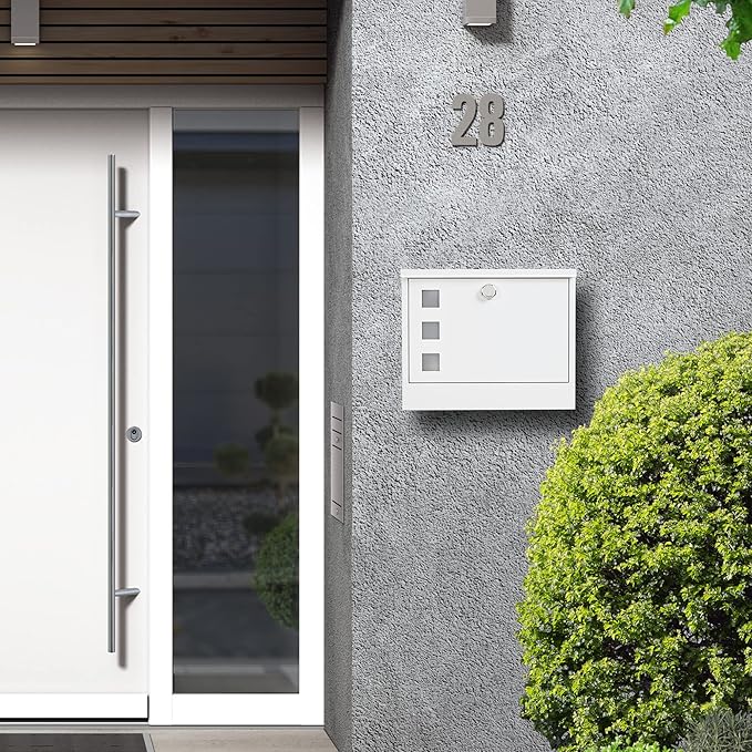 LAND·VOI Locking Mailbox Wall Mounted, Metal Postbox with Three Sets of Mail Box Number Stickers, 4 Keys, 14.4" x 4.5" x 11.2", Large Capacity, Textured White, AMB11W