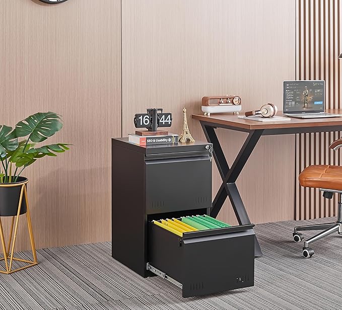2 Drawer File Cabinet with Lock, Vertical File Cabinets for Home Office, Printer Stand, Heavy Duty Steel Office Storage Cabinet for Letter/Legal/A4, Assembly Required(Black)