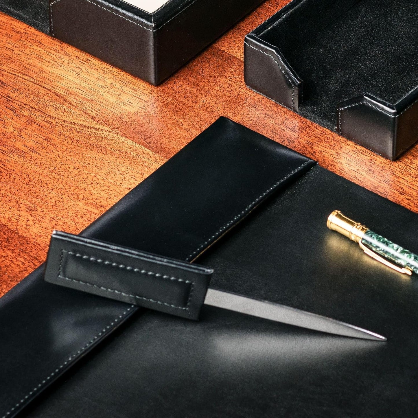 Dacasso Black Bonded Leather Luxury 9 Piece Desk Set - Blotter Pad & Desk Mat Organization Essentials - Executive Decor and Surface Protector