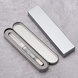 Hongdian N8 White Acrylic Resin Fountain Pen, Iridium Extra Fine Nib Silver Plated Feather Carving Cap Smooth Writing Pen with Converter and Metal Pen Box Set