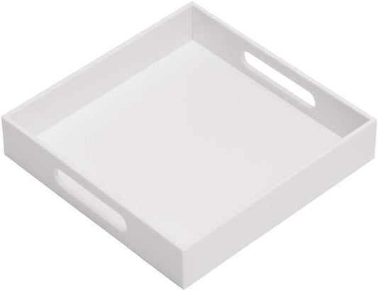 Glossy White Sturdy Acrylic Serving Tray with Handles-10x10Inch-Serving Coffee,Appetizer,Breakfast,Butler-Kitchen Countertop-Makeup Drawer Organizer-Vanity Table,Ottoman Tray-Decorative Tray