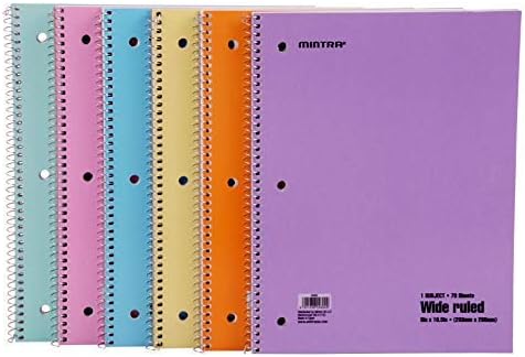 Mintra Office Spiral Notebooks - 1 Subject, 70 Sheets, WIDE Ruled, 8in x 10in, Bulk Pack, Pastel Covers, Set of 6 - for School, Office, Business, Professional (04692)