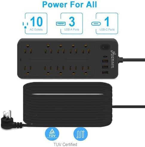 15 FT Power Strips with Surge Protection 1625W/13A,10 Outlets with 4 USB Ports (1 USB C) Long Extension Cord with Multiple Outlets 14-in-1 1700J 16Awg Flat Plug Power Strip Protector Black, ETL Listed