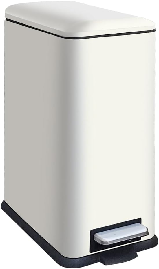 8 Gallon Slim Trash Can with Soft Close Lid, Stainless Steel Trash Can with Removal Inner Bucket, Hand -Free Trash Bin for Kitchen, Office, Laundry, Bathroom, 30 Liter Capacity, White