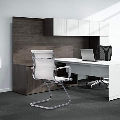White Office Desk Chair No Wheels Set of 4 PU Leather Computer Chairs Mid Back Guest Chairs for School Reception Conference Waiting Room, White