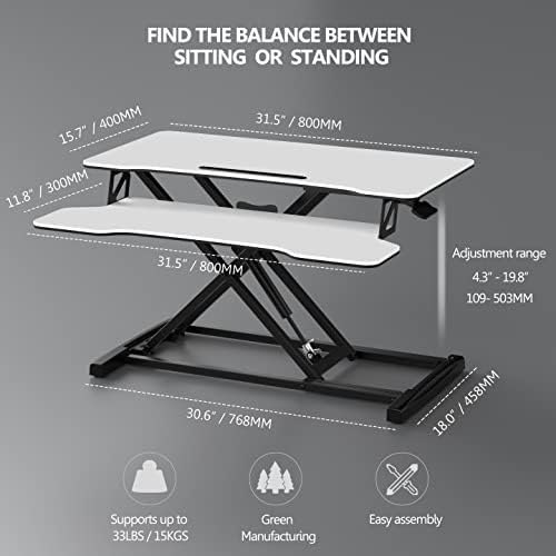 FITUEYES Height Adjustable Standing Desk 32” Wide Sit to Stand Converter Stand Up Desk Tabletop Workstation for Laptops Dual Monitor Riser White SD308003WW