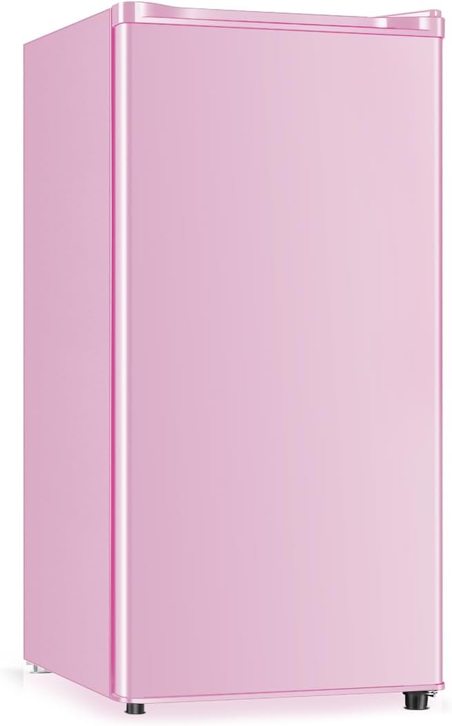 Seaoola Mini Fridge with Freezer, Single Door 3.1 Cu.Ft, Compact Mini Refrigerator, LED Light, Adjustable Thermostat, Removable Glass Shelves, Small Refrigerator for Dorm/Office/Bedroom(Pink)