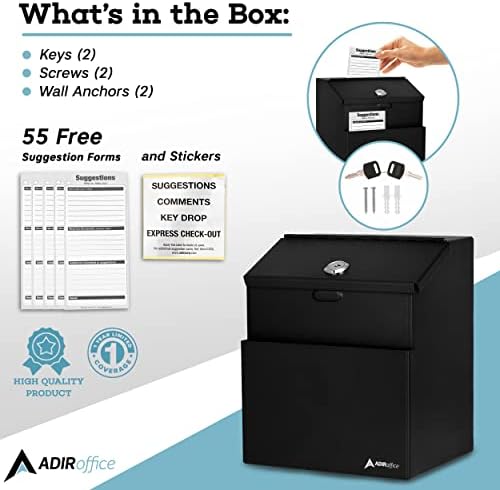 Adir Suggestion Box with Lock - Metal Donation Fundraising Ballot Prayer Box with 55 Free Suggestion Forms Cards & 2 Keys (Wall Mounted - Black)