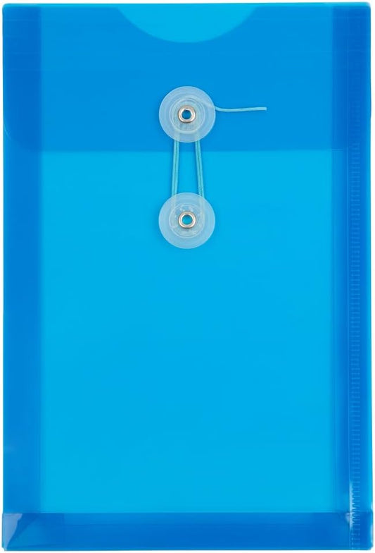 JAM PAPER Plastic Envelopes with Button & String Tie Closure - 6 1/4 x 9 1/4 - Blue - 3/Pack