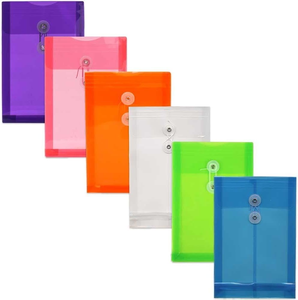JAM PAPER Plastic Envelopes with Button & String Tie Closure - 6 1/4 x 9 1/4 - Assorted Colors - 6/Pack