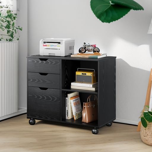 DEVAISE 3-Drawer Wood File Cabinet, Mobile Lateral Filing Cabinet, Printer Stand with Open Storage Shelves for Home Office, Black