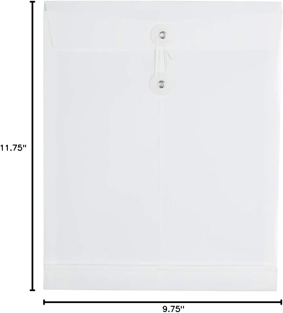 JAM PAPER Plastic Envelopes with Button & String Tie Closure - Letter Open End - 9 3/4 x 11 3/4 - White - 12/Pack