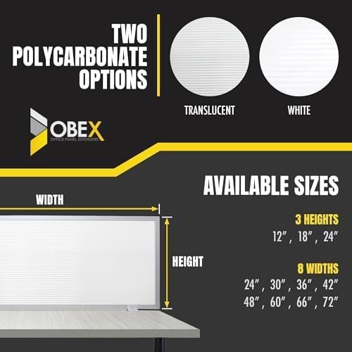 OBEX Polycarbonate Office Desk Mounted Privacy Screen Adjustable Table Top Panel Divider, Universal Aluminum Bracket-USA Made, 18" x 60", White