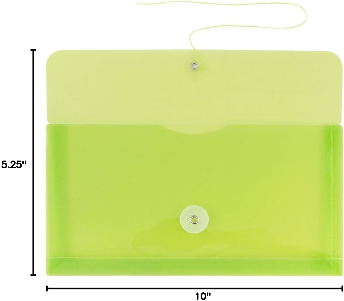 JAM PAPER Plastic Envelopes with Button & String Tie Closure - #10 Business Booklet - 5 1/4 x 10 - Lime Green - 12/Pack